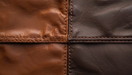 Poster - Brown and dark brown leather texture with stitching detail and smooth surface in a close-up view