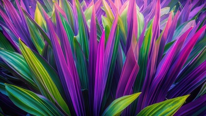 Poster - Colorful tropical plant leaves in vibrant hues of purple, green, and pink arranged in a dense cluster background.