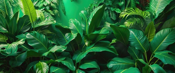 Poster - lush tropical foliage with various shades of green leaves in dense arrangement on a vibrant green ba