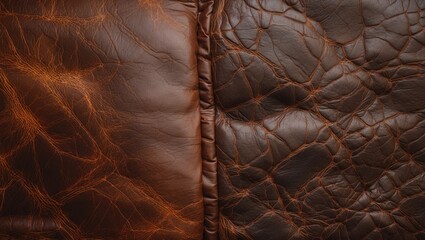 Poster - Brown textured leather close-up showing distinct creases and variations in tone and finish suitable for upholstery and fashion design.