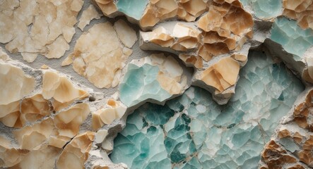 Poster - Colored mineral rock surface texture featuring light beige and turquoise shards with irregular shapes and natural variations.