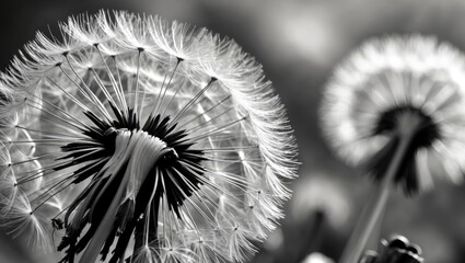Poster - Black and white close-up of dandelion seed heads with intricate details and textures against a blurred background.