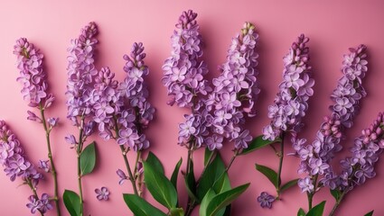 Poster - Purple lilac flowers arranged on a pink background with green foliage adding contrast and texture to the composition.