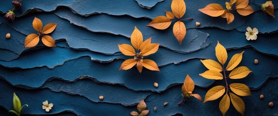 Poster - Autumn leaves arranged on textured dark blue background with natural elements and layers for artistic composition
