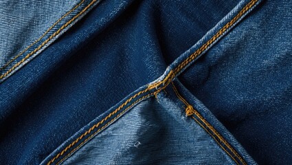 Poster - Blue denim fabric close-up showing seam details and stitching patterns with contrasting thread color