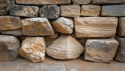 Poster - Textured natural stone wall with various shaped and sized rocks in earthy tones arranged closely together.