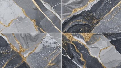 Poster - Gray marble texture with golden veins in a tiled pattern suitable for backgrounds and design projects.