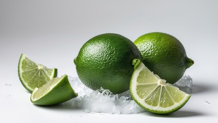 Poster - Fresh limes arranged on ice with cut segments showcasing texture and vibrant green color against a light background