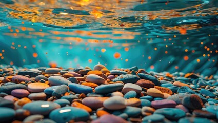 Poster - Underwater view of colorful pebbles with bubbles and light reflections on the surface of the water