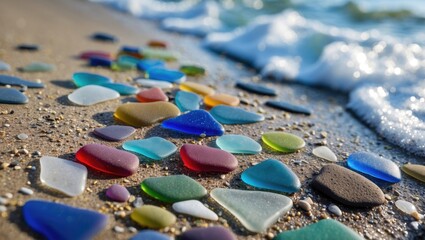 Poster - Colorful sea glass pieces scattered on sandy beach with gentle wave foam in background, natural coastal scenery.