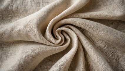 Poster - Beige textured fabric with swirling folds and natural woven patterns close-up shot