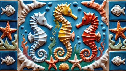 Poster - Colorful ceramic tile mural featuring seahorses and marine elements with intricate details and vibrant colors in an artistic design.