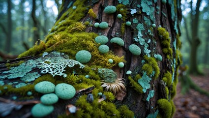 Poster - Moss and green fungi growing on a textured tree trunk in a forest environment with soft natural lighting
