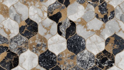 Poster - Hexagonal marble mosaic tile pattern in black, white, and gold with a polished finish for interior design applications.