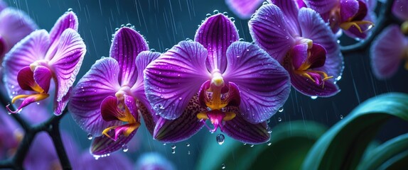 Poster - Purple orchids with water droplets on petals in a soft focus background and rain falling around them
