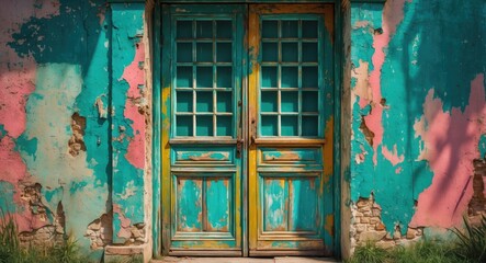 Poster - Colorful weathered wooden door with grid pattern set against a peeling paint wall in vibrant turquoise and pink tones.