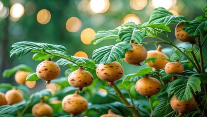 Poster - Yellow fruits hanging from green leafy plants with blurred bokeh background in natural light setting.