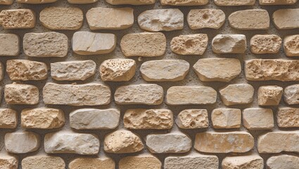 Poster - Textured stone wall with irregularly shaped beige and light brown stones arranged in a natural pattern for architectural backgrounds.