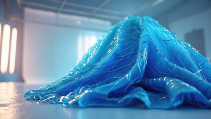 Poster - Transparent blue fabric with intricate textures and patterns draped in a modern, illuminated space with soft lighting