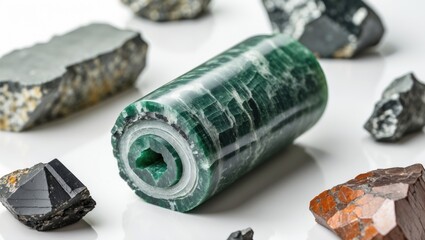 Poster - green marble stone roller surrounded by various types of raw mineral rocks on a reflective white sur