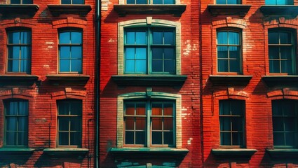 Poster - Red brick wall with multiple windows in an urban setting displaying varying shades and textures.