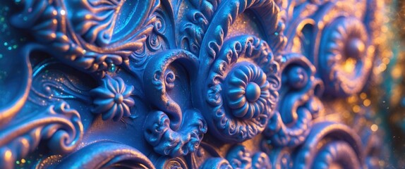 Poster - Ornate blue decorative wall with intricate floral patterns and textures illuminated by soft light