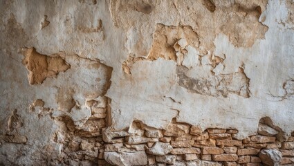 Poster - Textured wall with chipped plaster and exposed stone bricks in a weathered condition
