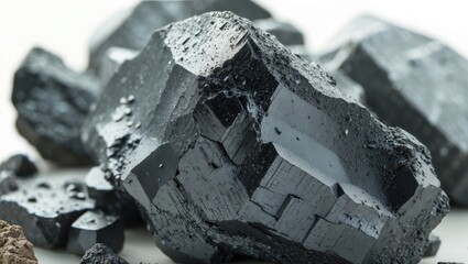 Poster - Black mineral crystals with distinct angular shapes and reflective surfaces displayed on a light background.
