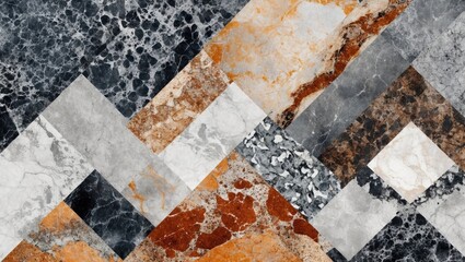 Poster - abstract geometric pattern of colorful marble tiles in shades of gray, orange, white, and brown with a textured surface