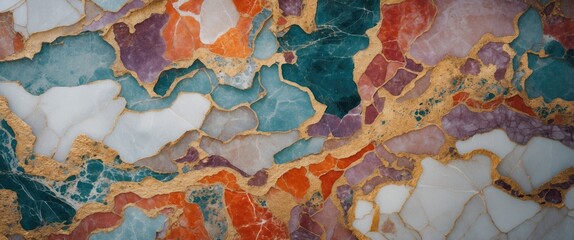 Poster - Multicolored marble stone texture with gold veining in shades of green, purple, orange, and white for background or surface design.