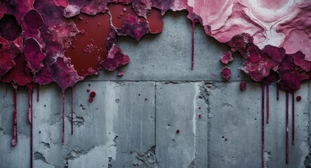 Poster - Textured wall with peeling paint in shades of red and pink on a cracked concrete surface with drip marks and layered finishes