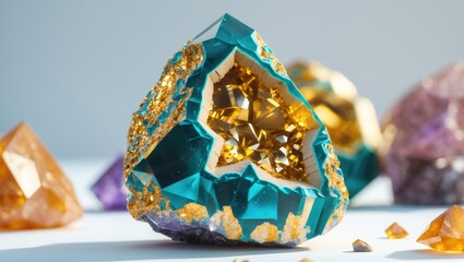 Poster - colorful quartz crystal clusters showcasing vibrant turquoise, gold, and purple hues arranged on a l