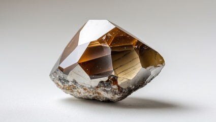 Poster - Brown and gray mineral crystal with sharp facets and rough base on white background