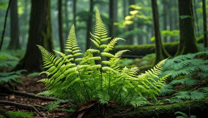 Poster - Vibrant green ferns in a lush forest environment with soft sunlight filtering through trees and a rich organic background