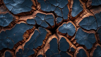 Poster - abstract close-up of cracked and charred wood texture with dark blue highlights and detailed grain p