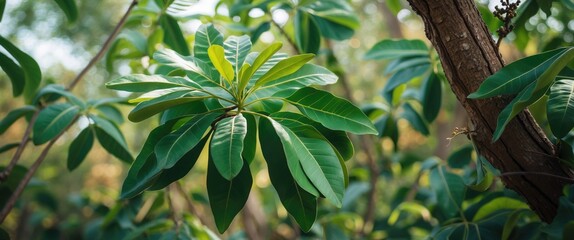 Poster - Close-up of green glossy leaves on a tree branch in a lush natural environment with blurred background and sunlight filtering through foliage