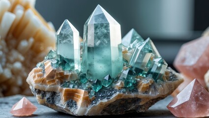 Poster - Green fluorite crystal formation on stone base with pink quartz and calcite nearby macro photography image