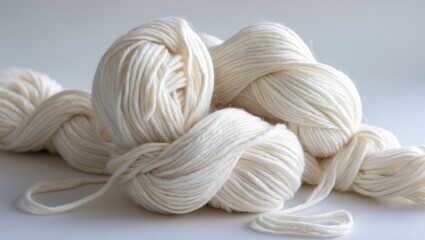 Poster - skeins of soft white yarn stacked diagonally on a light surface with natural lighting and smooth texture details