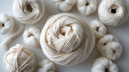 Poster - Cream colored yarn balls and cotton bolls arranged in a circular pattern on a white background