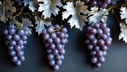Poster - Bunches of purple grapes with metallic leaves arranged on a dark background for decorative purposes