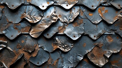 Poster - Textured close-up of rusty metal shingles with a weathered appearance and distressed surfaces in muted blue and brown tones