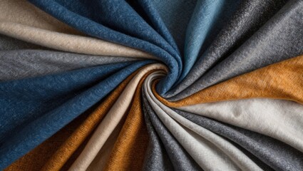 Poster - Textile fabric arrangement featuring multiple colors including blue, gray, beige, and orange in a spiral layout