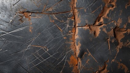 Poster - metal surface with scratches and rust showing contrast between dark grey and reddish brown textures