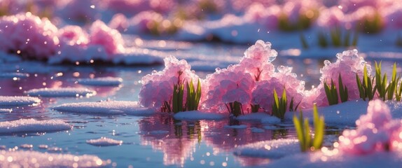 Poster - pink aquatic flowers with green grass leaves surrounded by water reflections and soft light in a tra