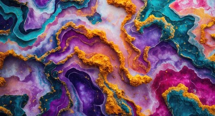 Aufkleber - Abstract colorful wave pattern with layers of purple, blue, and golden hues resembling agate or mineral texture background.
