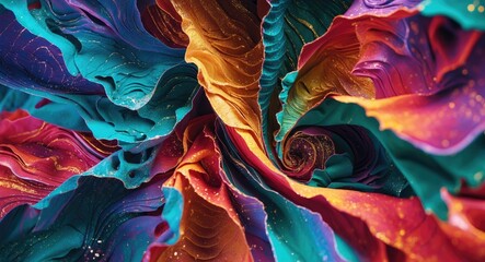 Poster - Colorful swirling abstract fabric texture with layered folds in vivid shades of blue, orange, pink and purple with glitter accents.