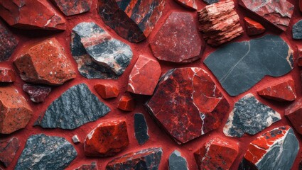 Poster - Red and gray natural stone texture background consisting of various shapes and sizes of rocks in a woven pattern