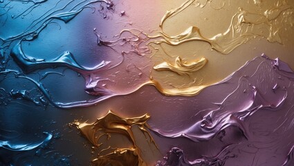 Poster - Abstract textured background with metallic paint strokes in blue, gold, and purple hues on a smooth surface.