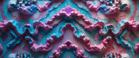 Poster - Textured colorful abstract wall design in pink blue and purple tones with layered wavy patterns and three-dimensional appearance