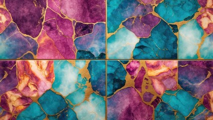 Poster - Colorful abstract marble texture background in purple, turquoise, and gold with glossy finish and intricate patterns 4 square tiles arrangement